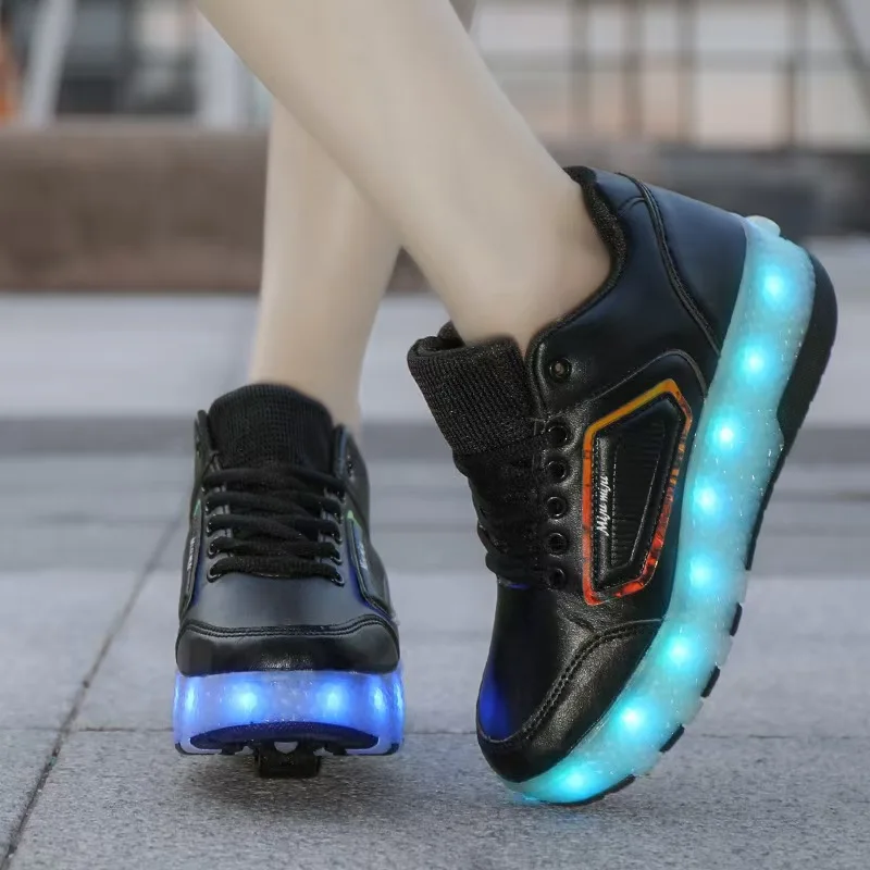 

Children's PU Leather Surface Wear-resistant Height-increasing Roller Skating Casual Sports Shoes Double-wheel Walking Shoes