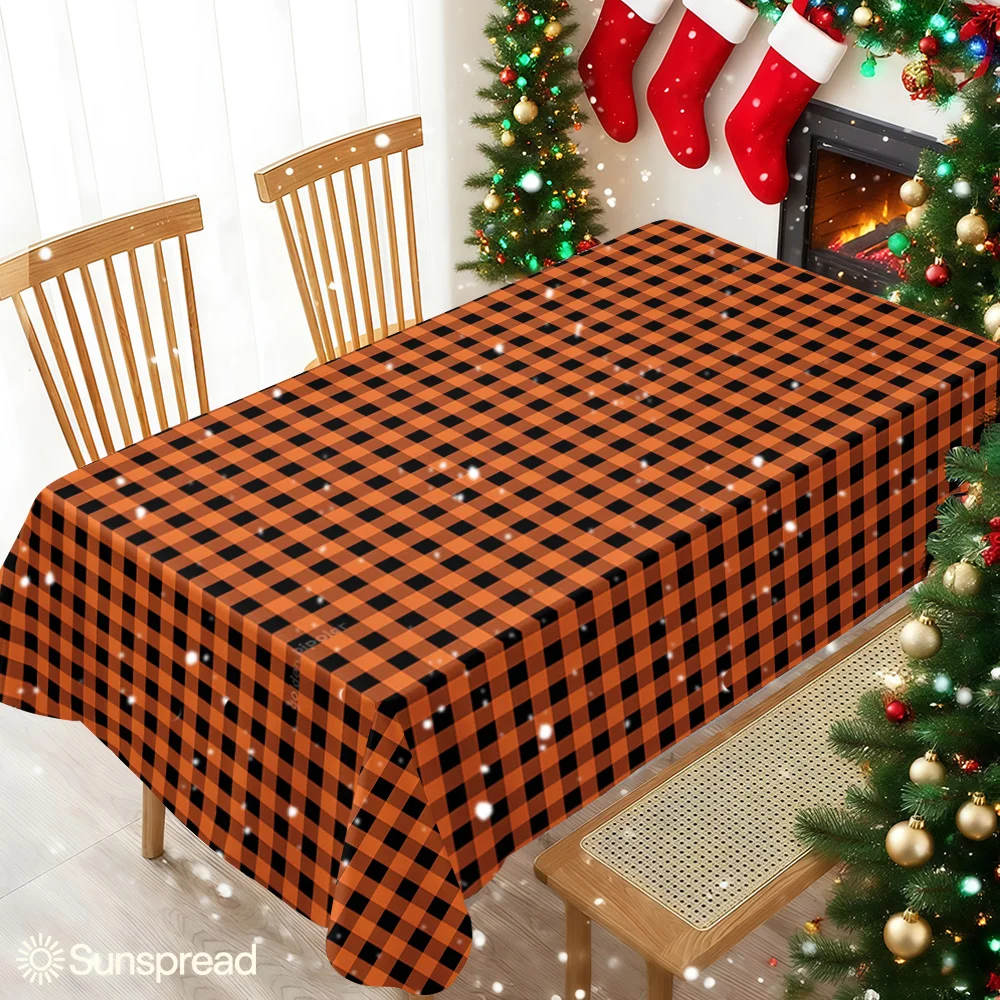Orange Black Check Fabric Table Cloth Waterproof Tablecloth Spill Proof Table Cloth, Wipe Clean Table Cloth for Dining Camping