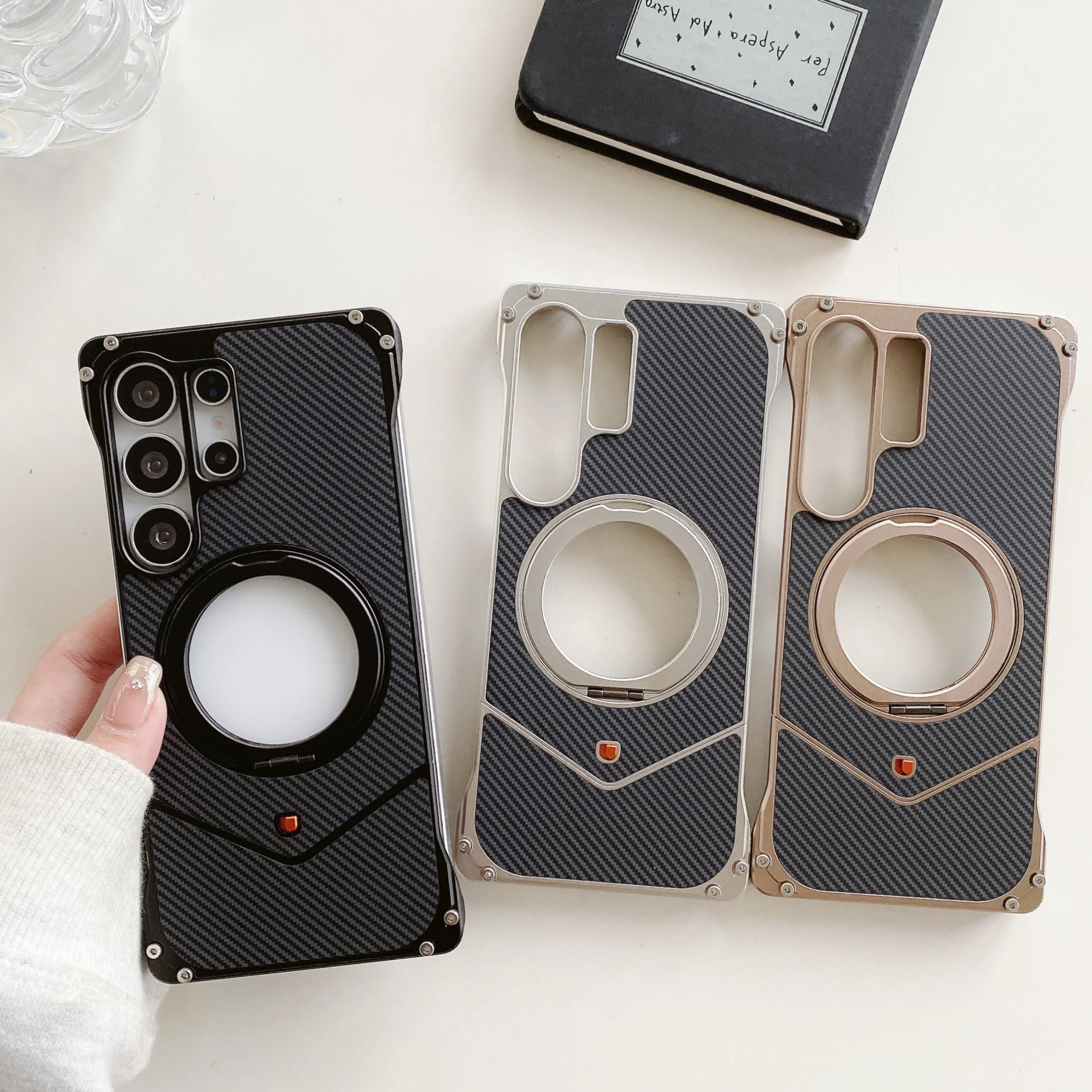

Для Samsung S25 S24 S23 Ультрамагнитный чехол для телефона без оправы с кольцевой подставкой 360° ° Поворотный чехол для телефона с текстурой углеродного волокна, противоударный