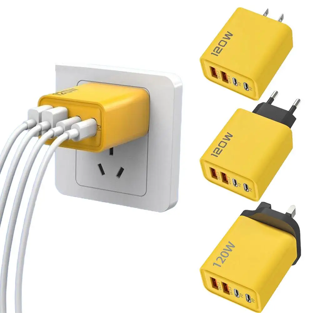 

120W 4-Port 2PD+2USB QC3.0 Charging Adapter for iPhone Android Multi-Device Charging Travel Charger Power Accessory Z0E4
