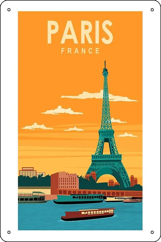 Paris France Seine Eiffel Tower Travel Poster Print Metal Tin Sign Fun Home Art Wall Decor 8x12 Inch