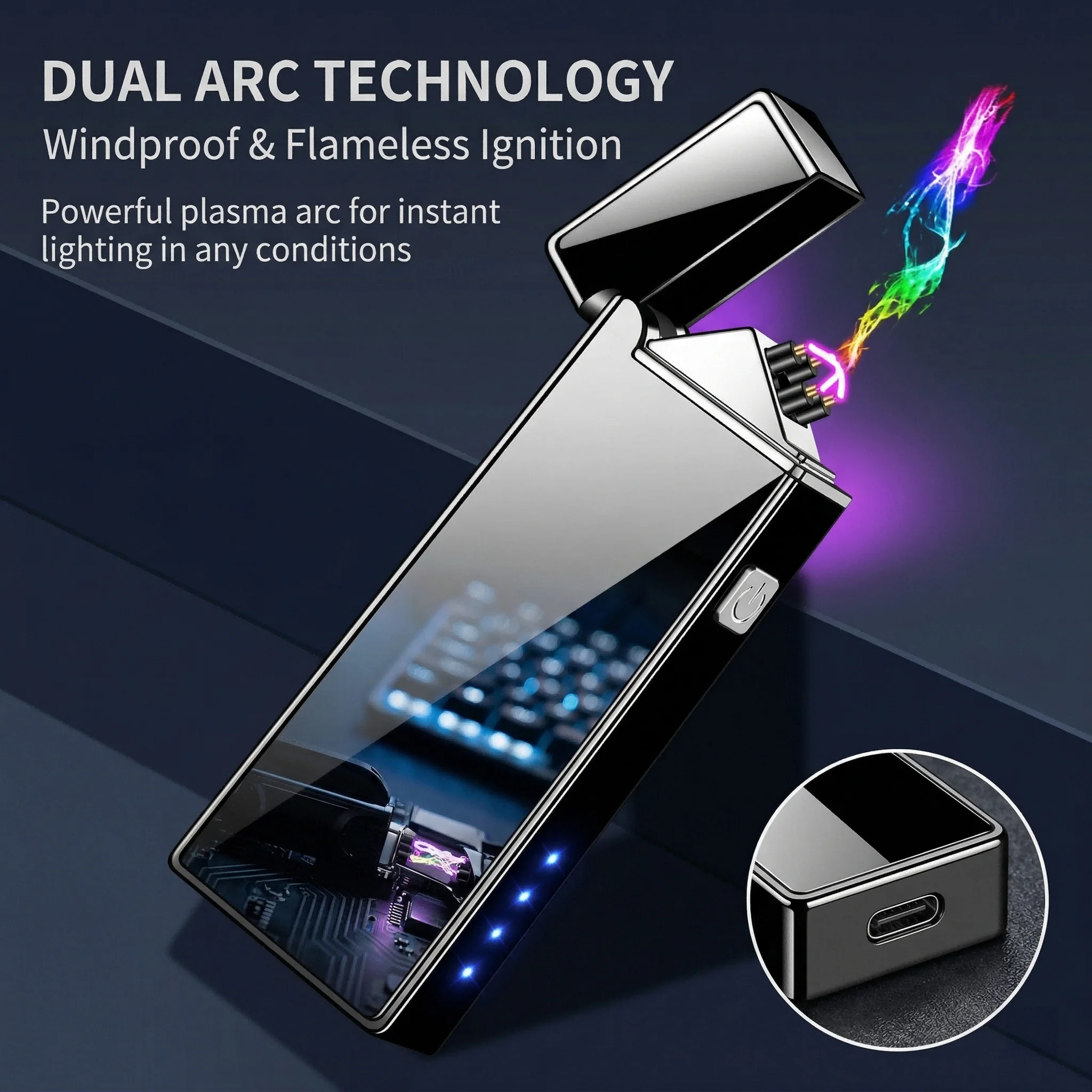 

Dual Arc Plasma Lighter, Windproof Rechargeable Lighter with LED Battery Indicator, Type-C Fast Charging, Metal Customizable