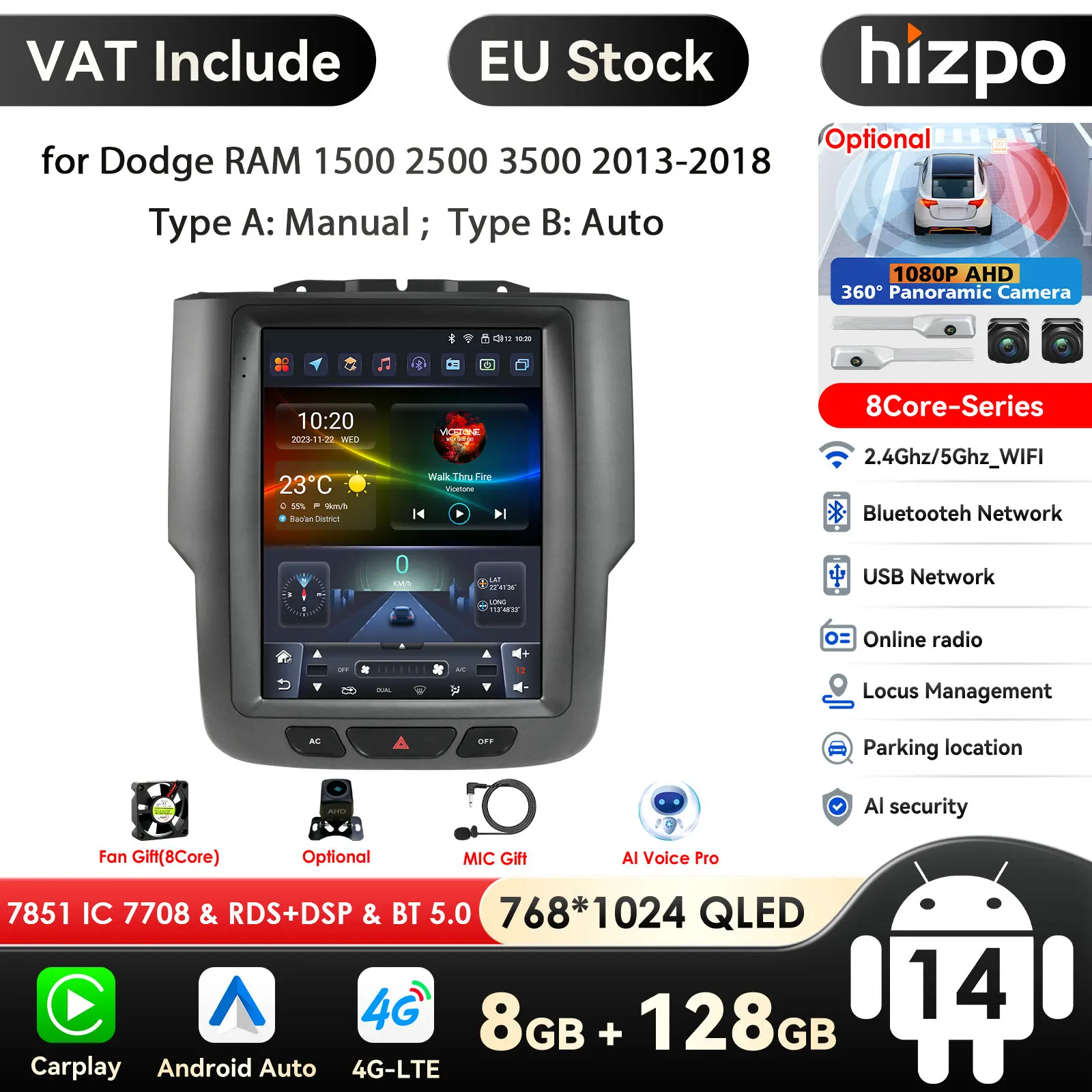 Hizpo 9,7 Android-Autoradio für Dodge RAM 1500 2500 3500 2013–2018, automatischer manueller AC-Multimedia-Player, Carplay-Video, 4G
