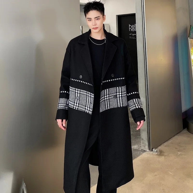 

Черное шерстяное пальто, мужское свободное клетчатое лоскутное пальто средней длины с воротником, шерстяное пальто, осень-зима, модная корейская повседневная одежда