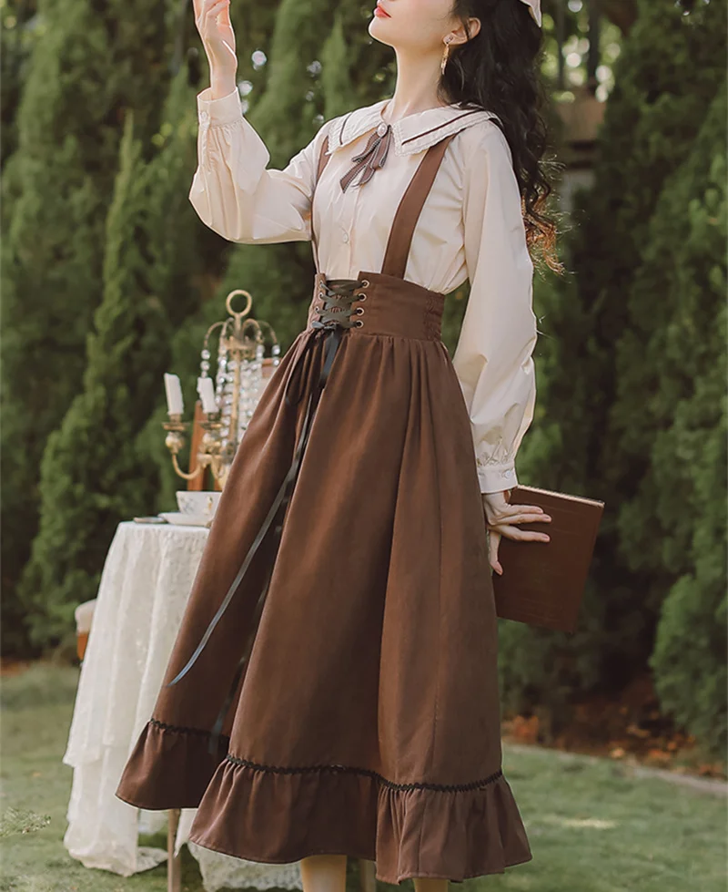 2023 Spring Summer Women Long Midi Suspender Skirt Teen Girls Preppy Style Cute Lace-Up High Waist Ruffle A-Line Skirts