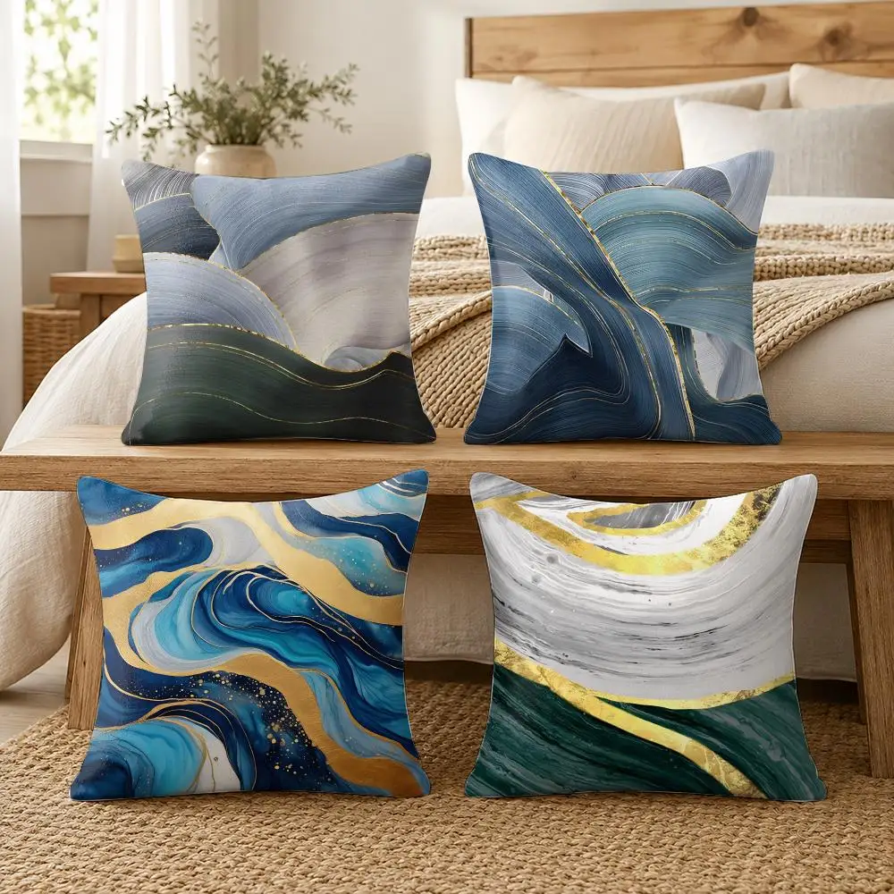 Blue Gold Wave-shaped Cushion Cover Silky Short Plush Invisible Zipper Dustproof Sofa Pillow Case For Home Decor