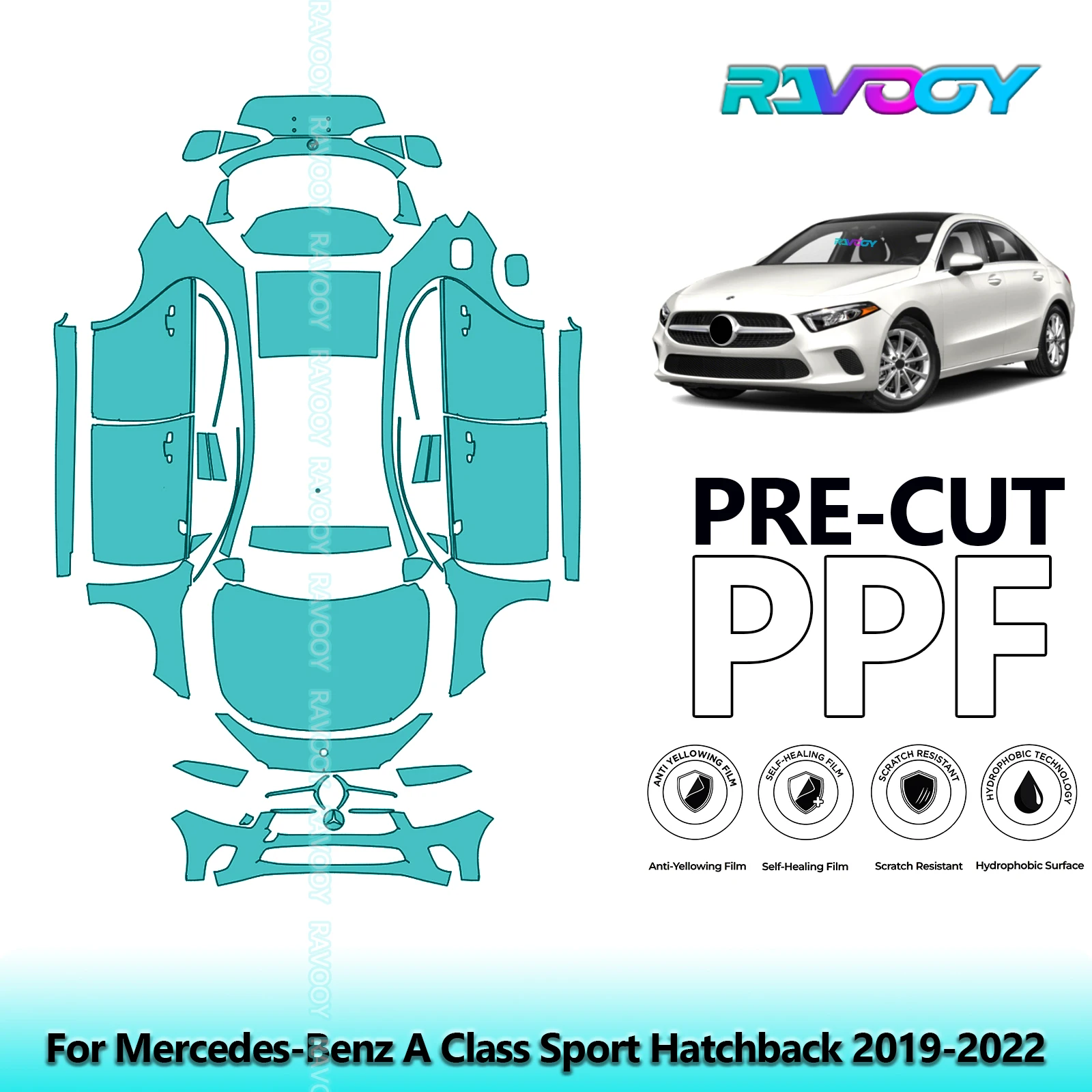 RAVOOY Custom-Fit Precut TPU PPF Full Vehicle Clear Bra Stone Guard EU UK For Mercedes-Benz A Class Sport Hatchback 2019-2022