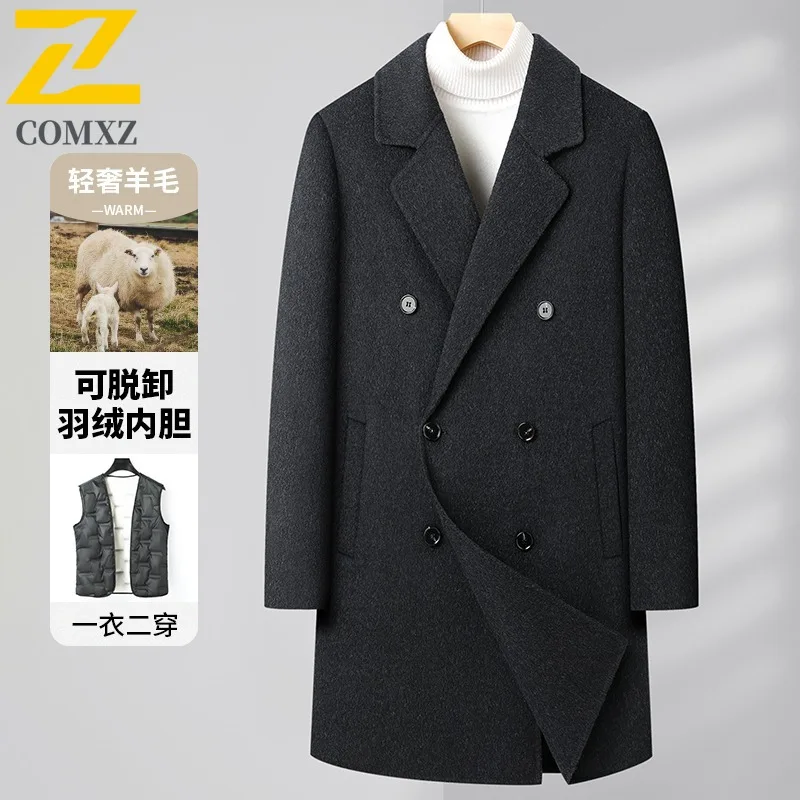 COMXZ 2025 Men Detachable Down Inner Reversible Jacket Wool Long Double Breasted Business Coat Casual Youth Tweed windbreaker