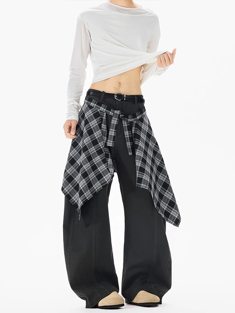 

Retro American ex Loose Fit Casual Workwear Wide Leg Pants with Detachable Plaid Skirt Design Autumn Trendy Brand Jeans