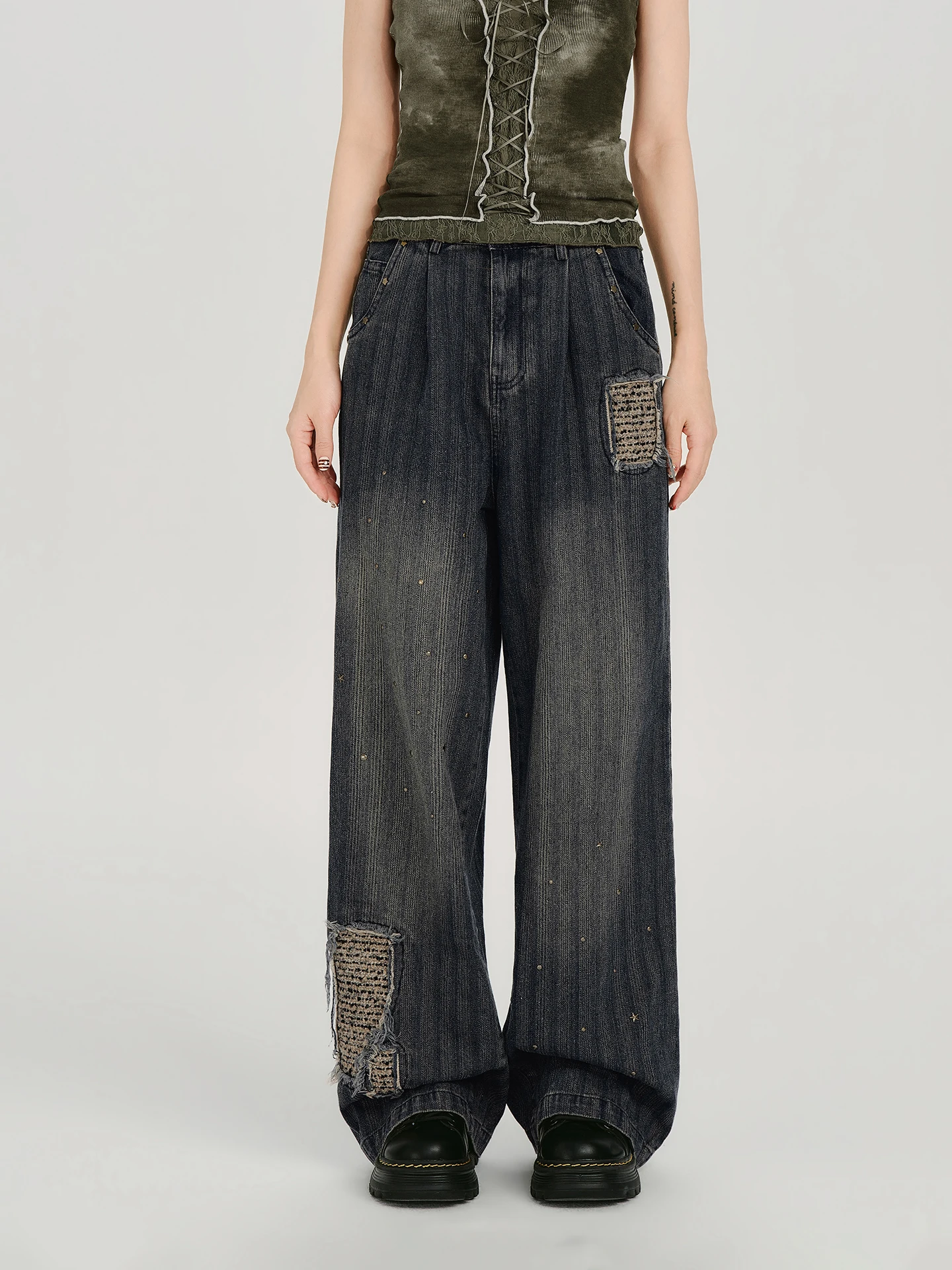 

Retro American Girlyhalo Rhinestone Patched Wide Leg Denim Jeans Women's New Style Vertical Striped Loose Long Trousers