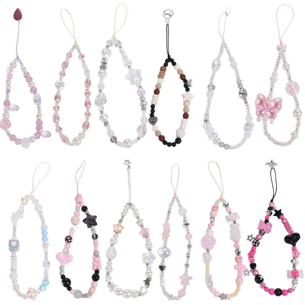 

Y2K Silver Cell Phone Strap Sweet Girl Clear Star Phone Lanyard Anti-Lost Hanging Cord Beads Phone Chain Women Girl