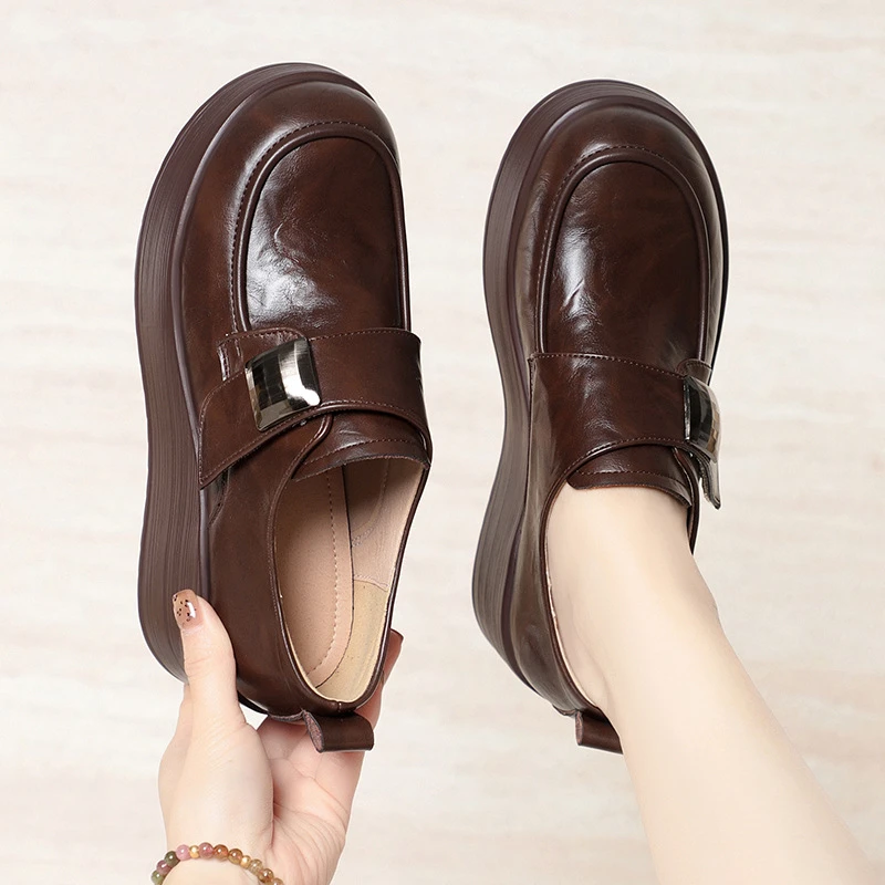 

Soft Bottom Leather Shoes Round Head Platform Wedge Heel Loafers Single Shoes Thick Sole Comfortable Shoes For Middle Aged Women