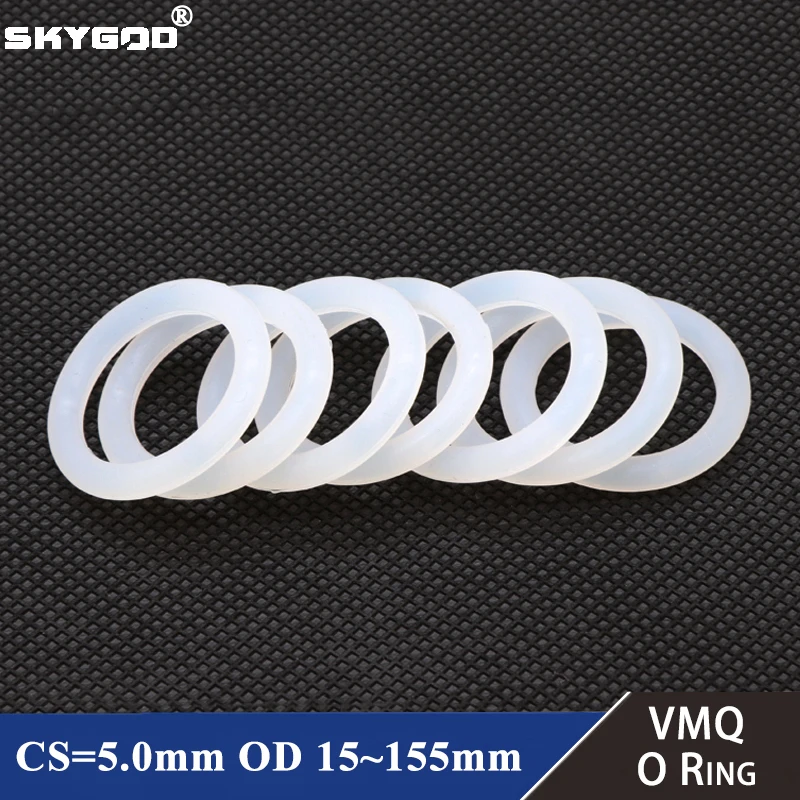 10Pcs VMQ O Ring Gasket CS 5mm OD 15 ~ 155mm Waterproof Washer Silicone Rubber Insulate Round O Shape Seal White Food Grade