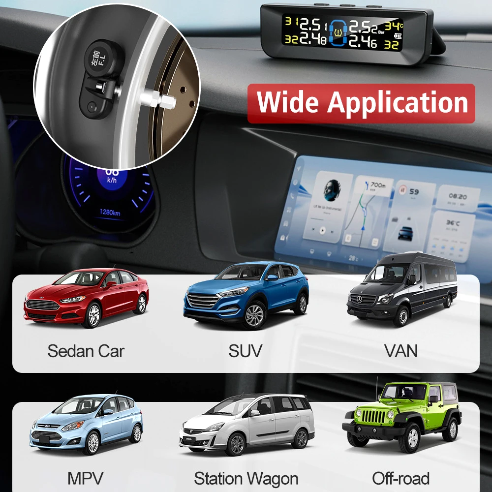 Digital LCD Display Car Tire Pressure Monitoring System Auto Security Alarm Systems Solar/USB Powered TPMS Real Time Monitor