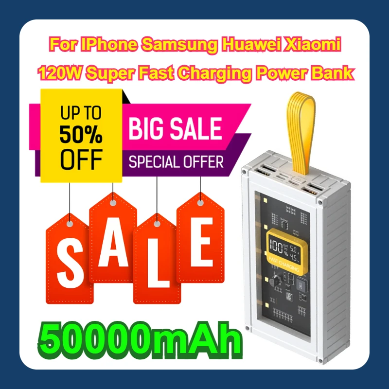 50000mAh For IPhone Samsung Huawei Xiaomi 120W Super Fast Charging Power Bank