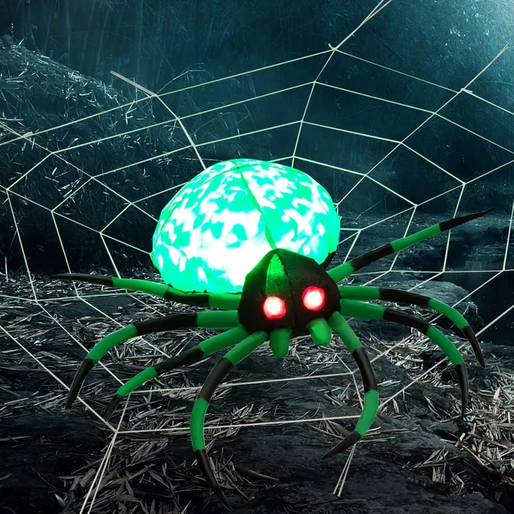 

5 FT Halloween Inflatable Spider with Cobweb, Creepy Blow-up Spider with Rotating LED Light, Green Black Legs