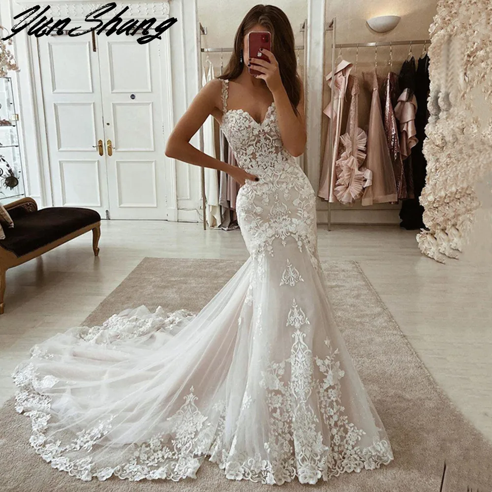 Yunshang alças de espaguete vestido de casamento com decote em v rendas apliques novo sexy sereia vestido de noiva sem costas tribunal trem vestidos de noiva