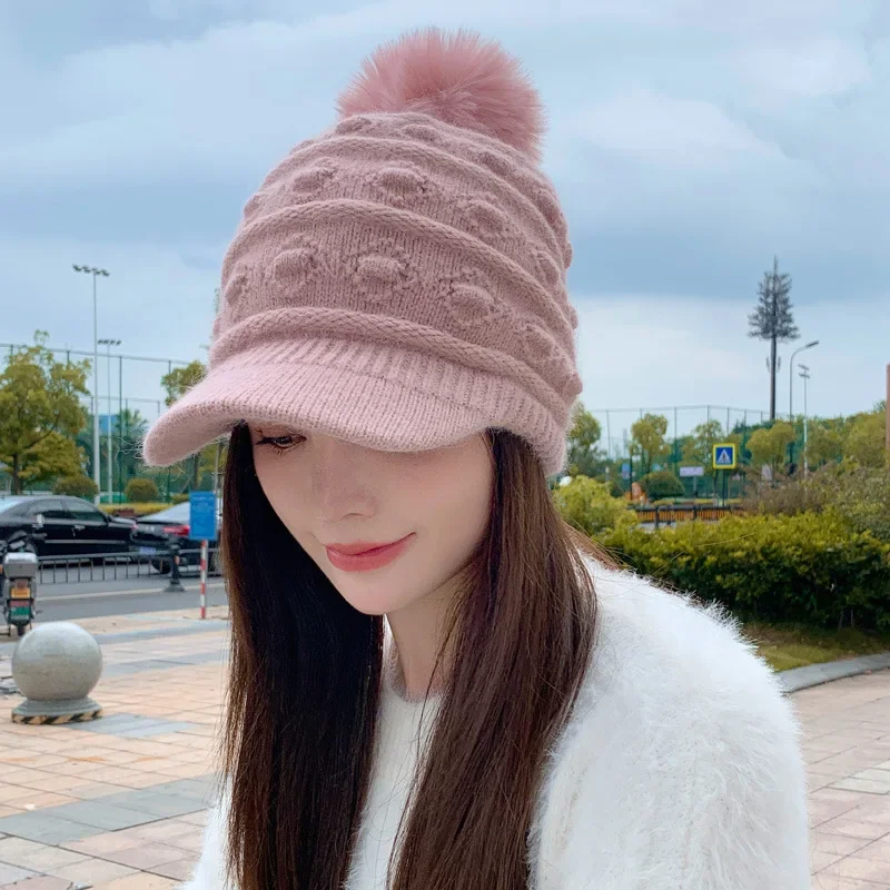 Gorra de béisbol cálida y bonita para mujer, gorro de compras informal a la moda con gorro de lana tejido frío y cálido, gorro de algodón para estudiantes