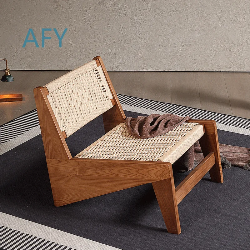 Retro Wabi Sabi Solid Wood Armchair for Home Decor Minimalist Design Lounge Chair for Airbnb Hotel Living Room Single Rope