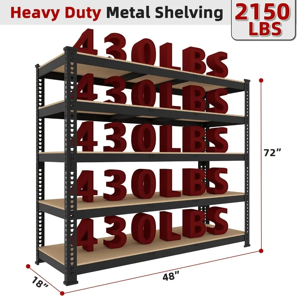 48 дюймов Ш x 18 дюймов В x 72 дюйма В Регулируемые гаражные полки для хранения — сверхмощные стеллажи с 5 полками, металлические универсальные