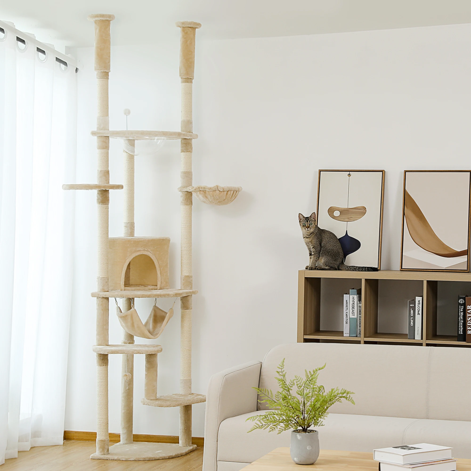 

Safe Adjustable 236-258cm Cat Tree Tower with Natural Scratching Post,Unique Acrylic Perch, Hammock Beds, Cave for Indoor Cats