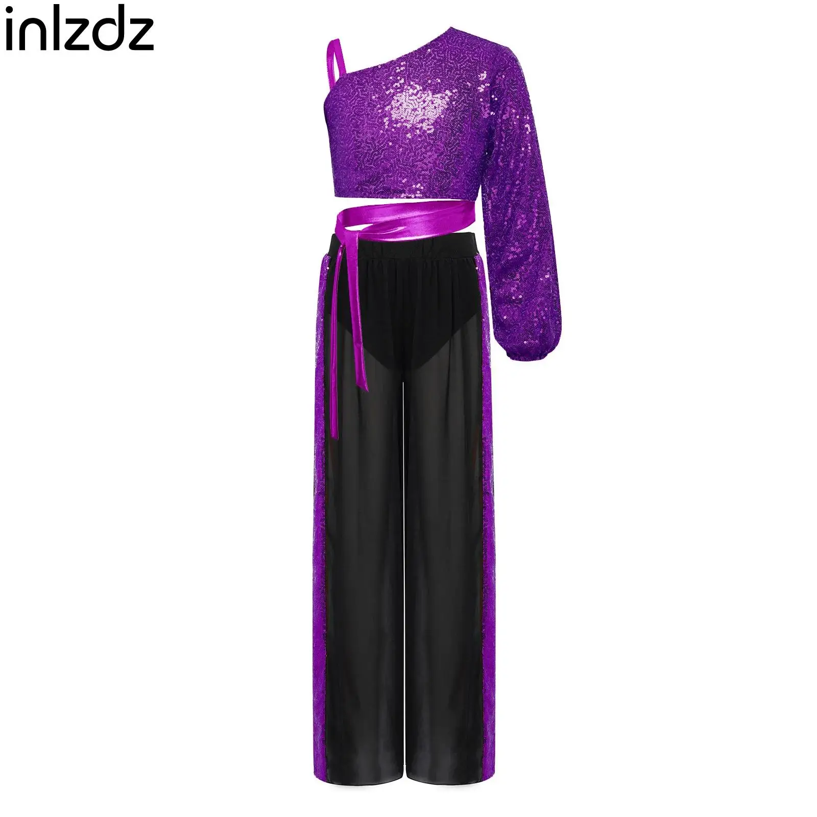 

New Girls Sparkly Sequins Lyrical Modern Dance Outfits One Shoulder Long Sleeve Crop Top+Pants Sets Dance Party Performance Wear