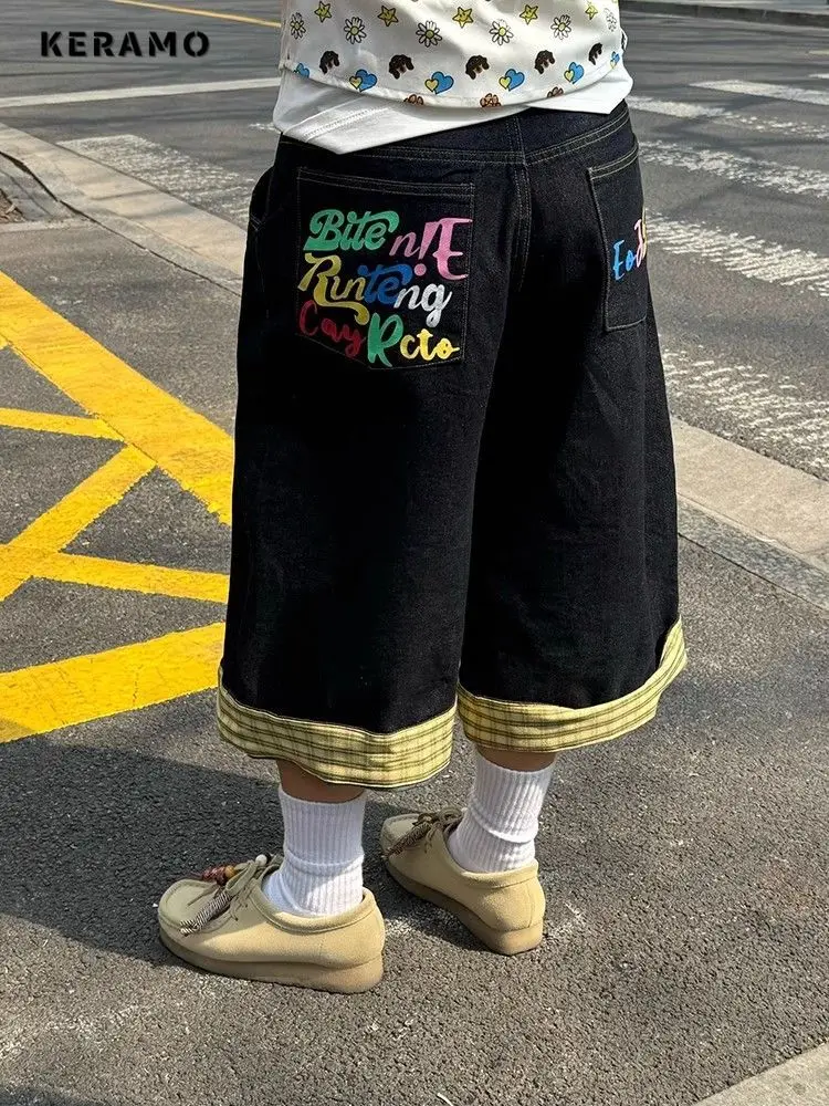 

Casual Y2K Patchwork Calf-Length Denim Trouser Grunge 2000s Street Retro High Waist Jeans Women Vintage Plaid Letter Print Pants