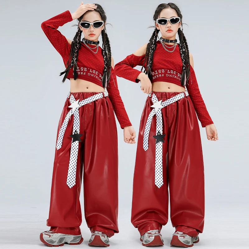 Crianças terno de dança de salão meninas jazz dança traje vermelho superior calças de couro crianças hip hop roupas grupo k-pop outfit xs10720
