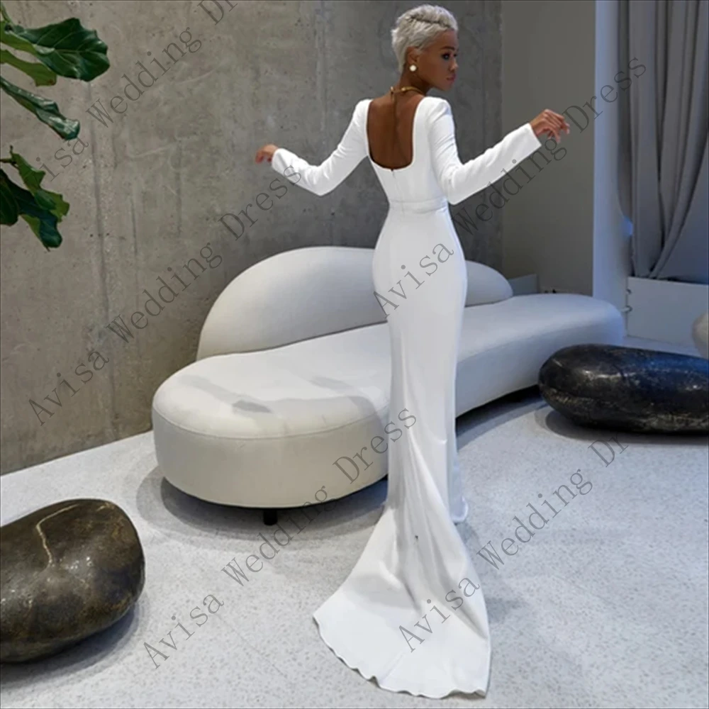 Robe de Mariée Élégante à Col Carré et Manches sulfen Crêpe Blanc, Gaine avec Fermeture Éclair au Dos, Vêtement avec Traîne pour Patients, 2024