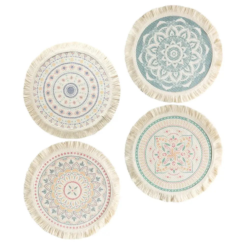 

4 Pcs Placemat Cotton Dining Table Decor Heat Resistant H woven Teapot Mat Place Mat Reusable Tassels Kitchen Home Hotel