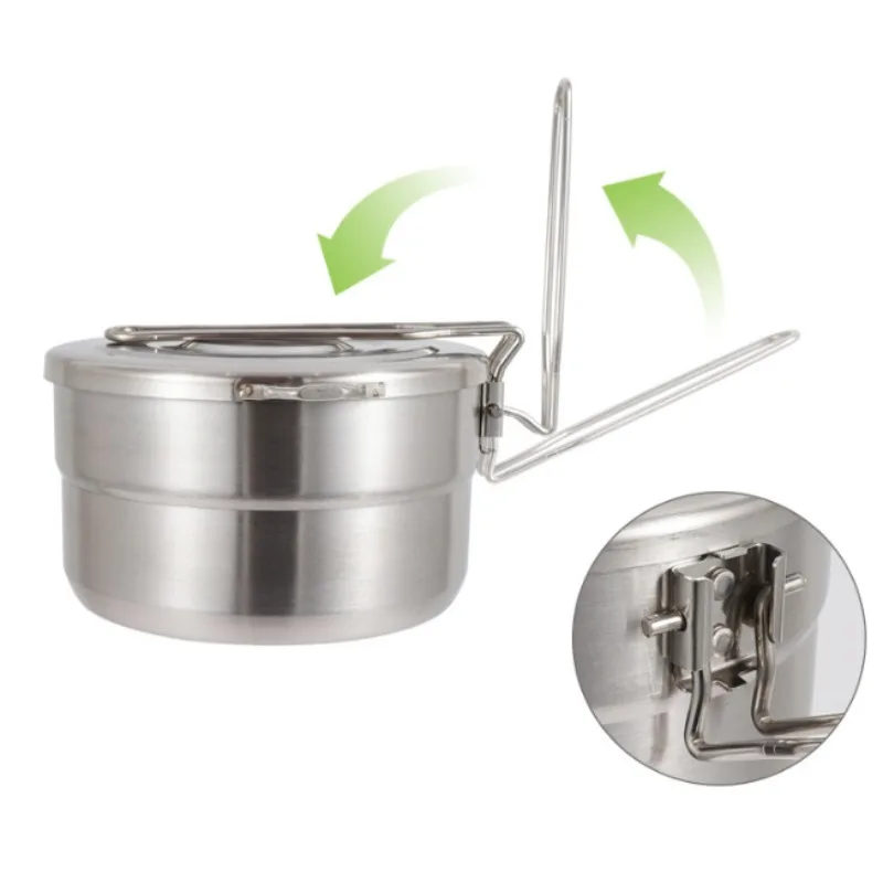 

1.5L Large Capacity Bento Outdoor Stainless Steel Cooking Pot with Lid and Folding Handle - Perfect for Camping, Hiking, Picnics