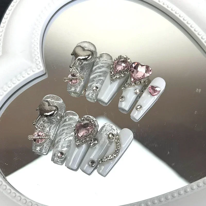 Faux ongles carrés courts roses à pression Y2K, faits à la main, avec colle, paillettes, longs cercueil, réutilisables, couverture complète, pointes d'ongles