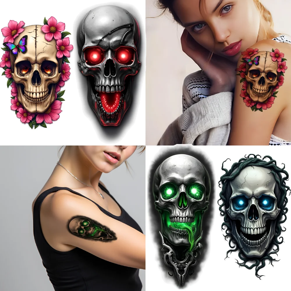 12pcs Temporary Tattoo Butterfly Waterproof Long-lasting Body Stickers Skull Candles Colorful Realism Flowers For Arms Men