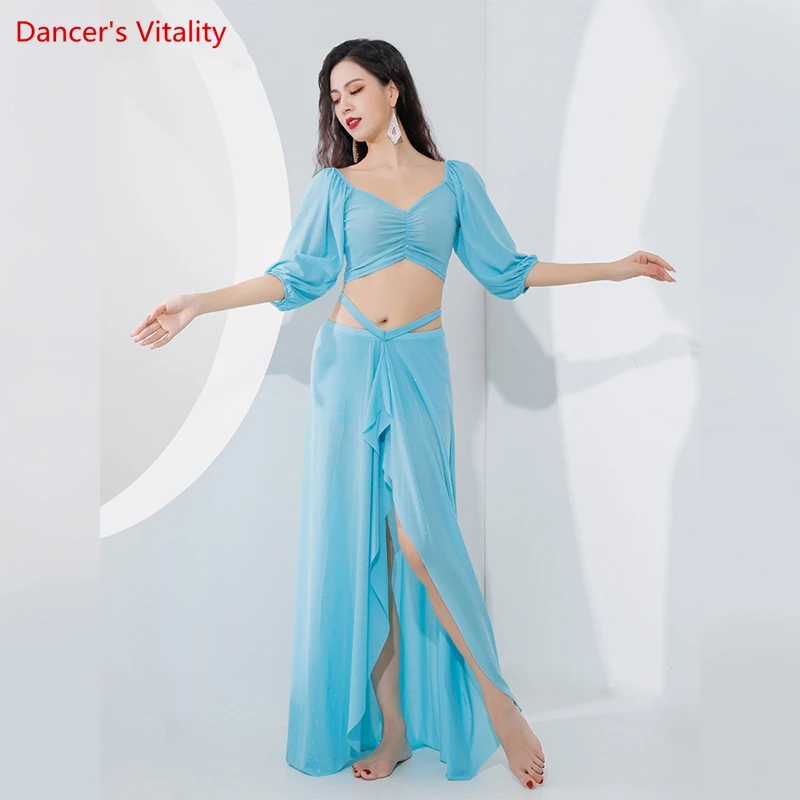 Belly Dance Professional Costume Set Mesh Half Sleeves Top+split Long Skirt 2pcs Female Oriental Dance Wear Belly Dance Suits