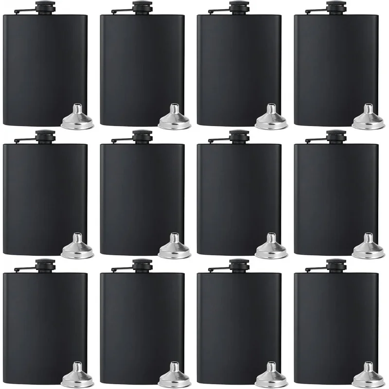 

12-Pack 8Oz Matte Black Stainless Steel Hip Flasks for Men & Women, w/ 12 Funnels for Wedding, Party, Groomsman & Birthday Gifts