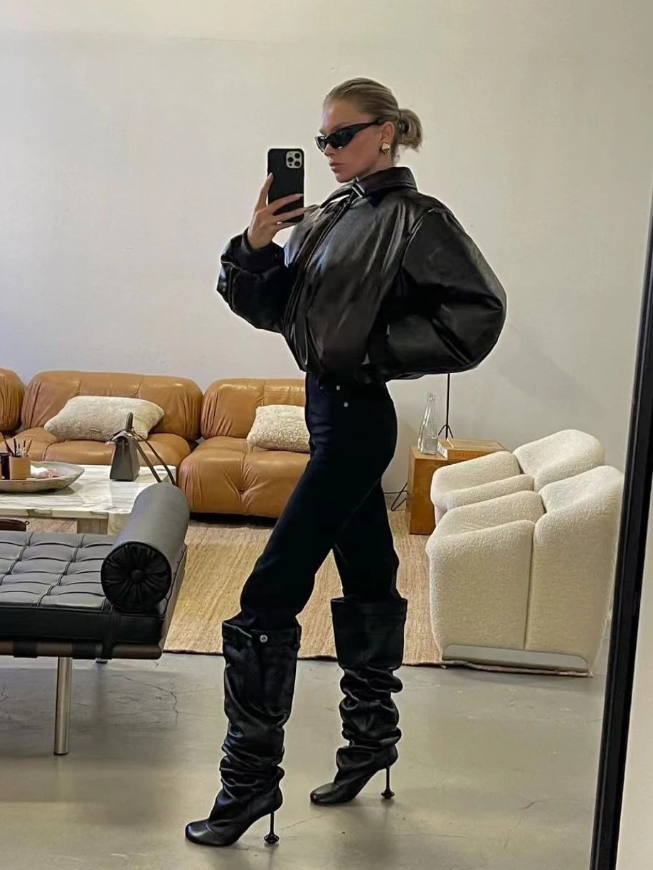 Hailey Thickened Warmth Zipper Protein Leather Short Bread Jacket Street Style Loose Fit Cotton Blend Winter Outerwear