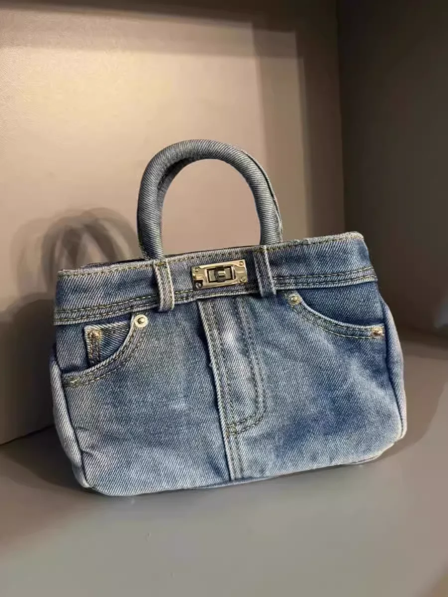 

Novelty Design Jeans Handbag Sliver Hardware Lock Tote Bag Denim Pocket Mini Cute Crossbody Bag Trend Single Shoulder Female Bag