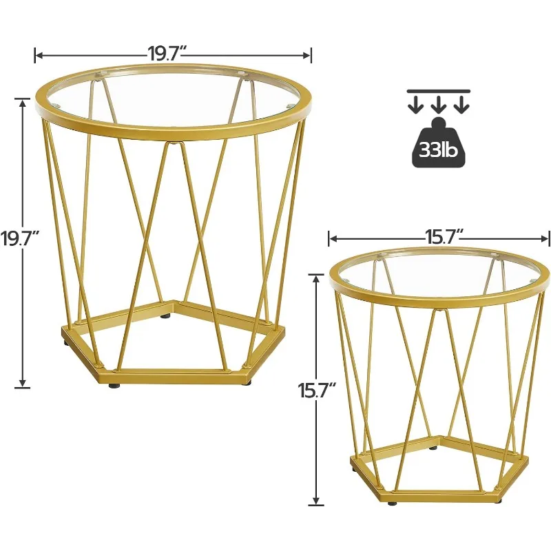 Small Coffee Table Set of 2, Round Coffee End Table with Metal Frame, Glass Top, Gold Side Table for Living Room, Bedroom