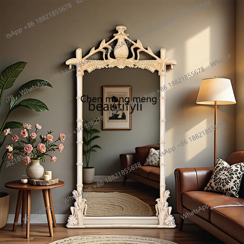 Vintage Artistic Bamboo Full-Length Mirror French Retro Floor Mirror American Country Style Dressing Mirror