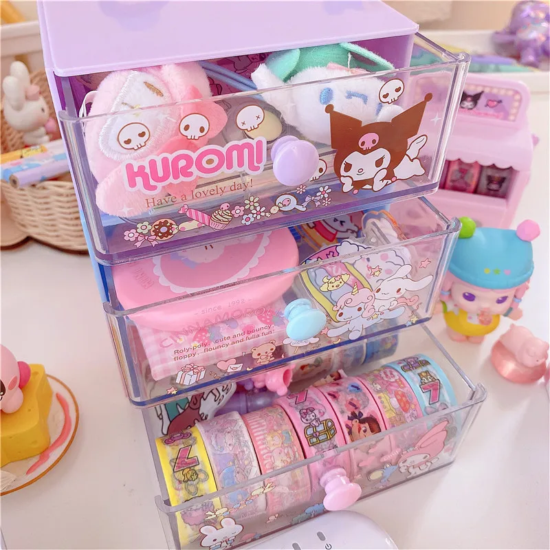 Kawaii Sanrio Desk Organizer Cartoon Hello Kittys Kuromi My Melody Mini Drawer Storage Box Cute Beauty Table Toys for Girls Gift