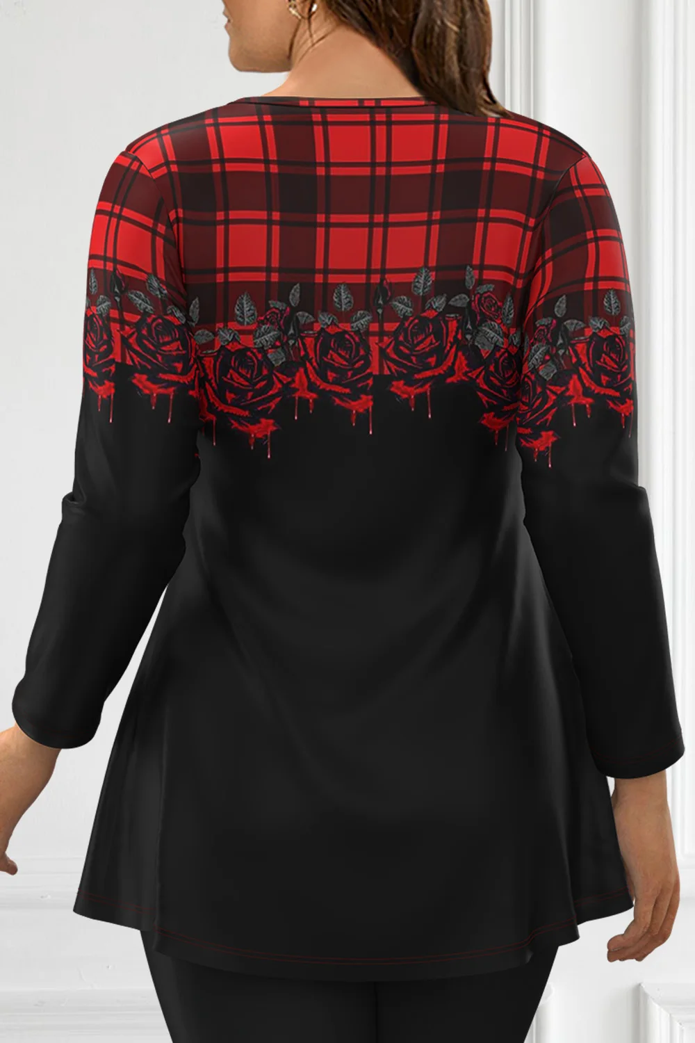 Flycurvy Plus Size Fall Winter Halloween Black Plaid Rose Print Long Sleeve T-Shirt Round Neck Tops