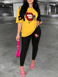 Women's spring and summer LOVE red lip printed round neck short sleeved T-shirt paired with tight pants two-piece set