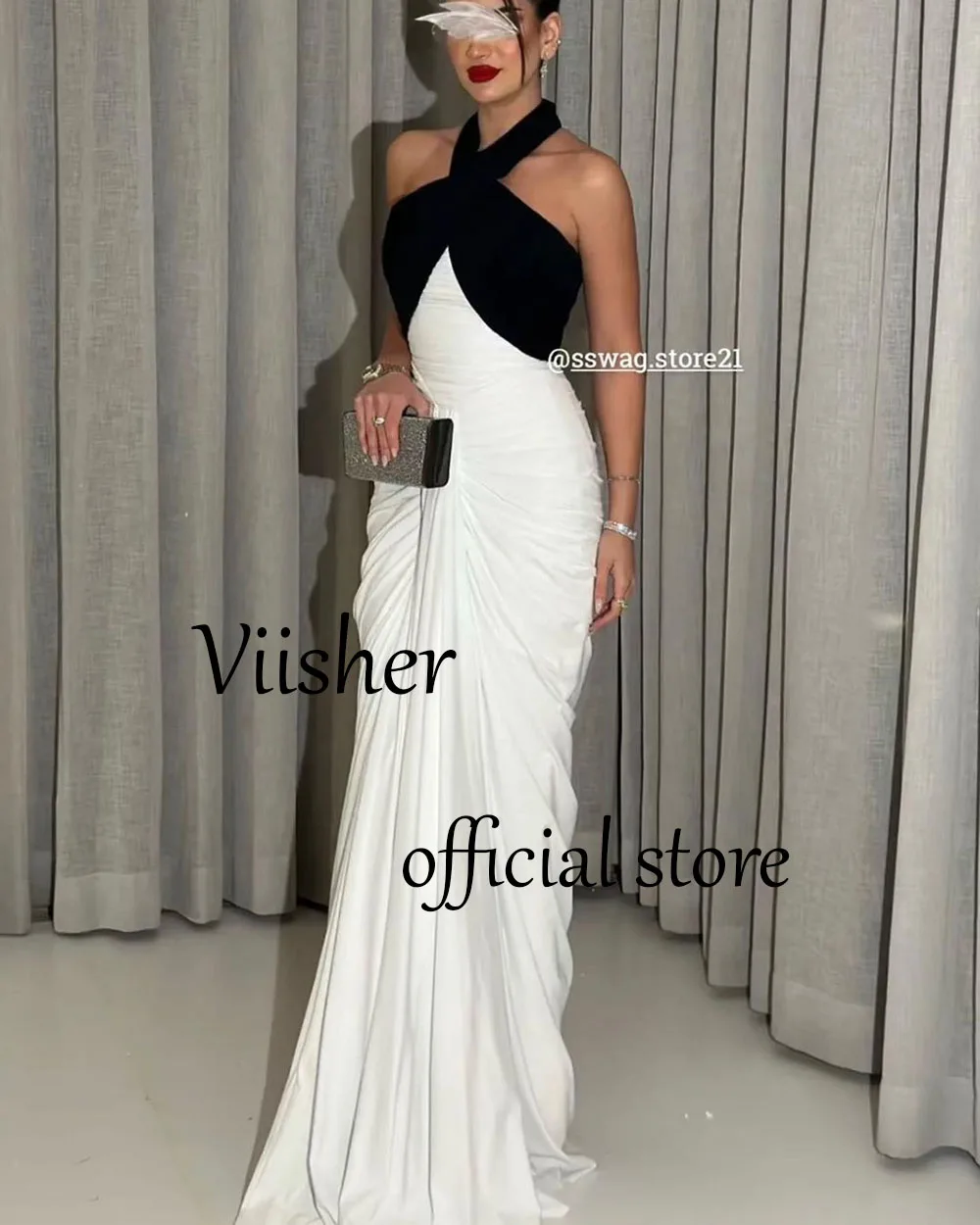 Vestido de noche plisado de sirena, prenda Formal de gasa con cuello Halter, longitud hasta el suelo, estilo árabe, Dubái, color blanco y negro