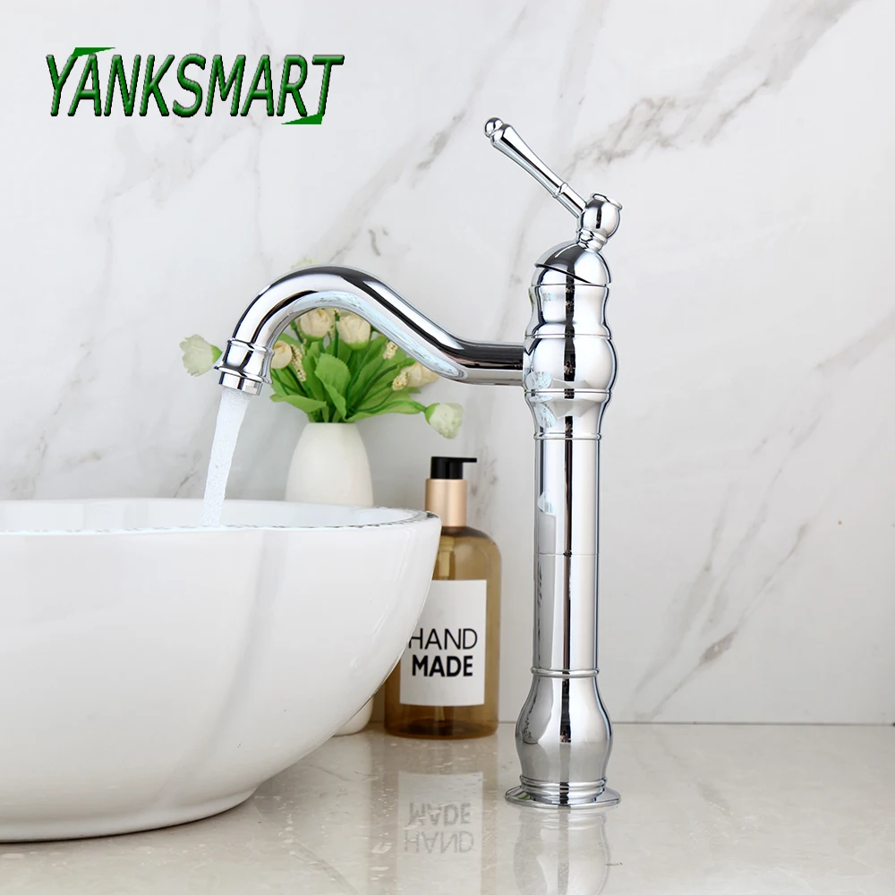 

YANKSMART Luxury Chrome Polished Bathroom Faucet Single Handle Deck Mounted Basin Sink Faucet Single Hold Mixer Water Tap