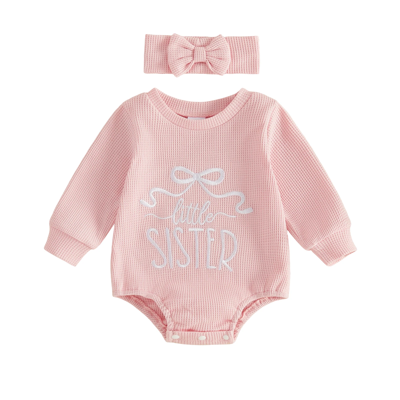 Baby Girls Waffle Sweatshirt Romper Letter Embroidery Bodysuit Headband