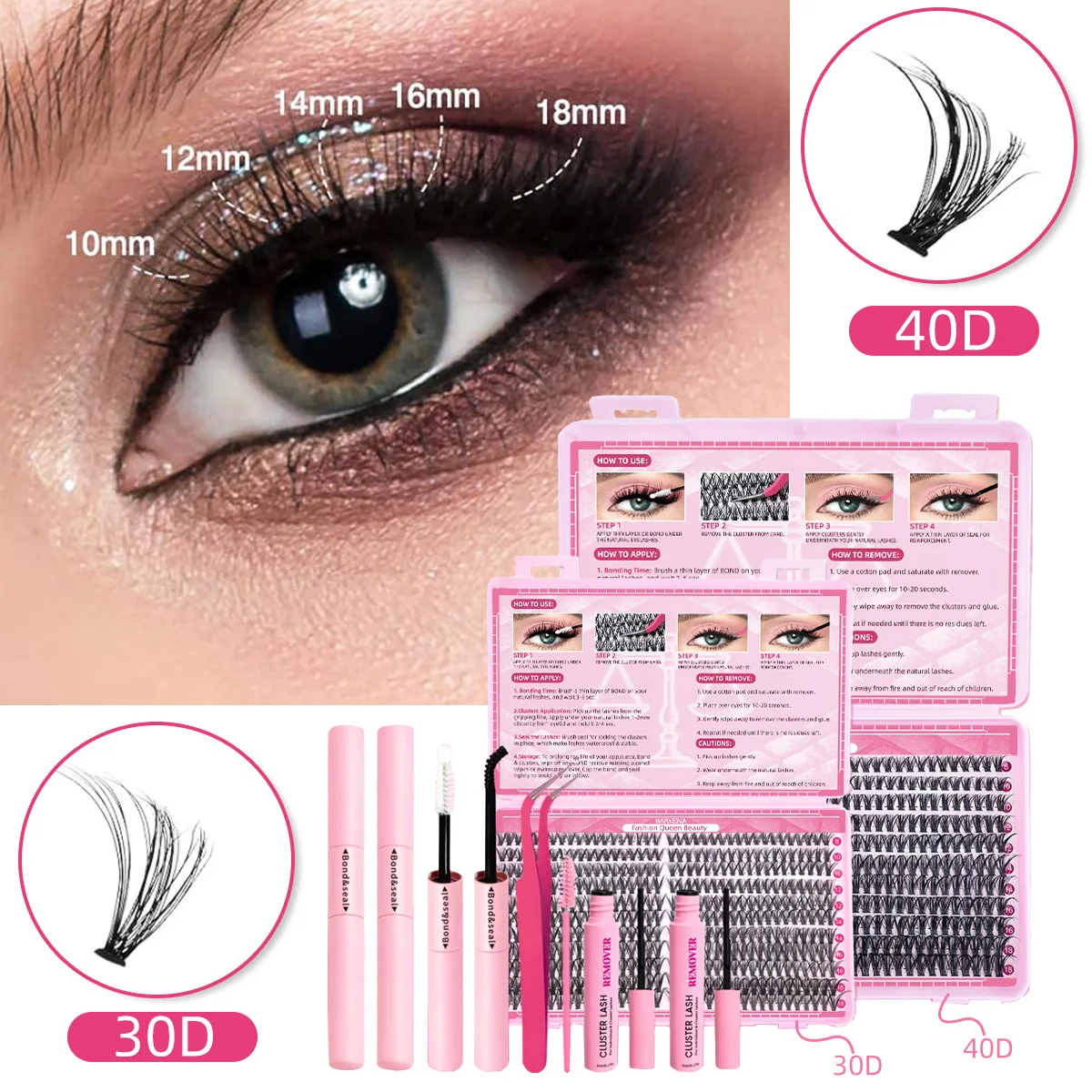 Conjunto de cílios postiços da série Pink Girl, pinça de cílios selada para ligação de extensão de cílios, tuft único + curvatura C, fabricação de curvatura natural