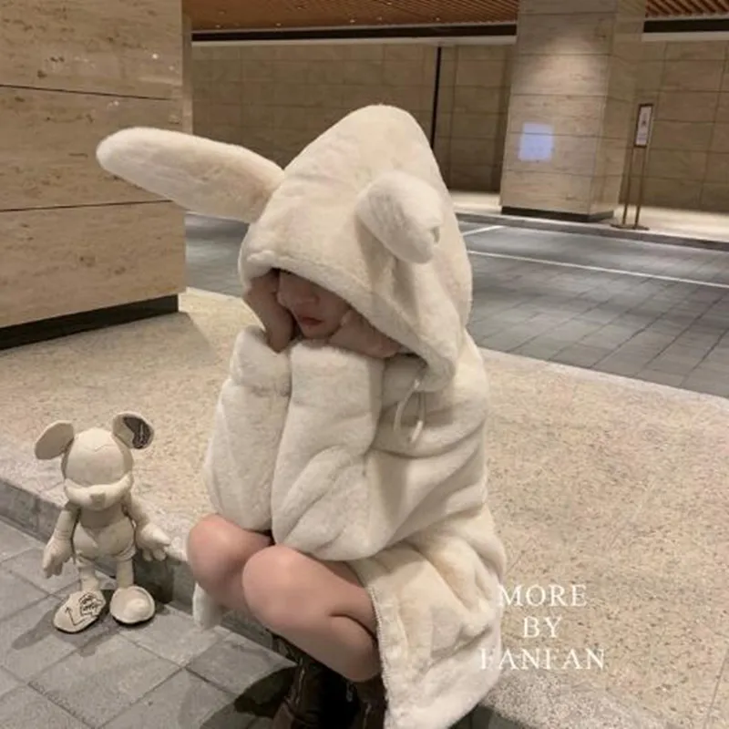 Autumn and winter Rabbit ears that move fluffy jacket with rabbit ears raglan sleeve zipper harajuku kawaii faux fur hoodie 2024