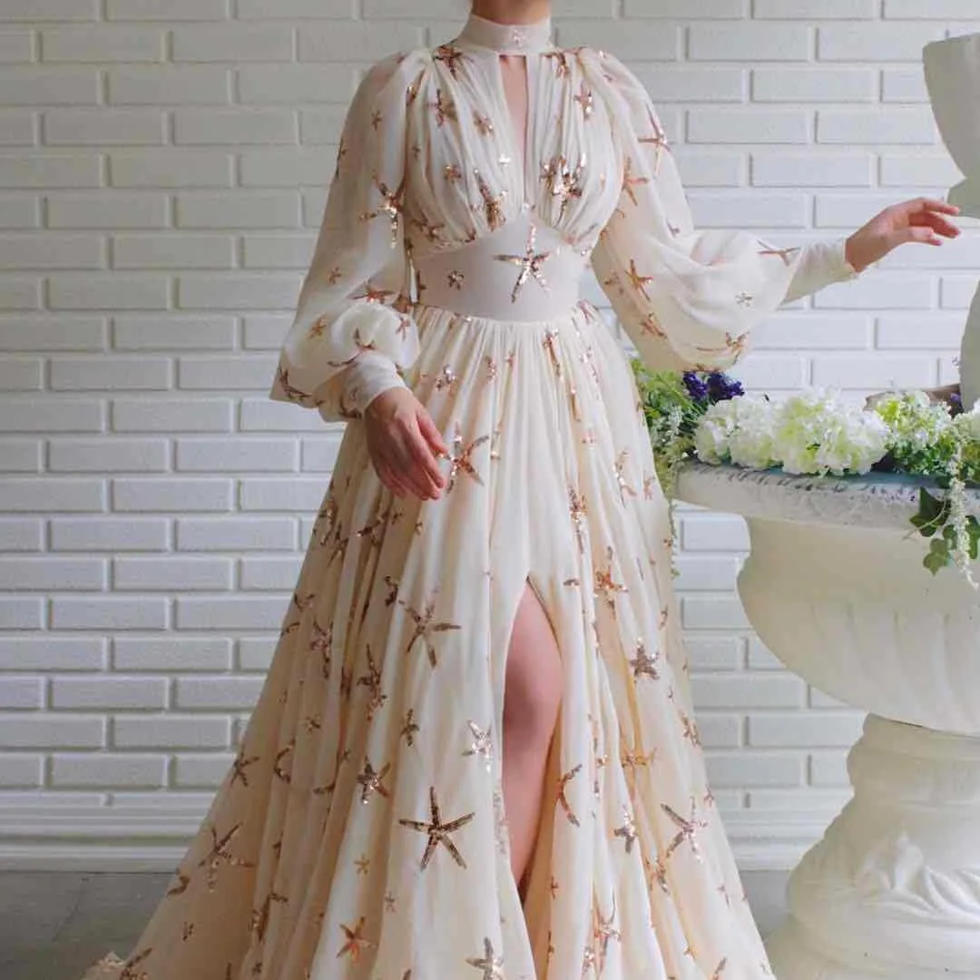 

Chiffon dress with half high collar slim fit waist cinching slit skirt sequin decoration lantern sleeves and large swing dress