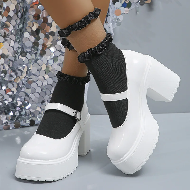 Vintage wysokie obcasy buty Mary Jane dla kobiet Pu skóra masywny buty na koturnach kobieta gotycka pasek z klamrą Lolita rozmiar 42