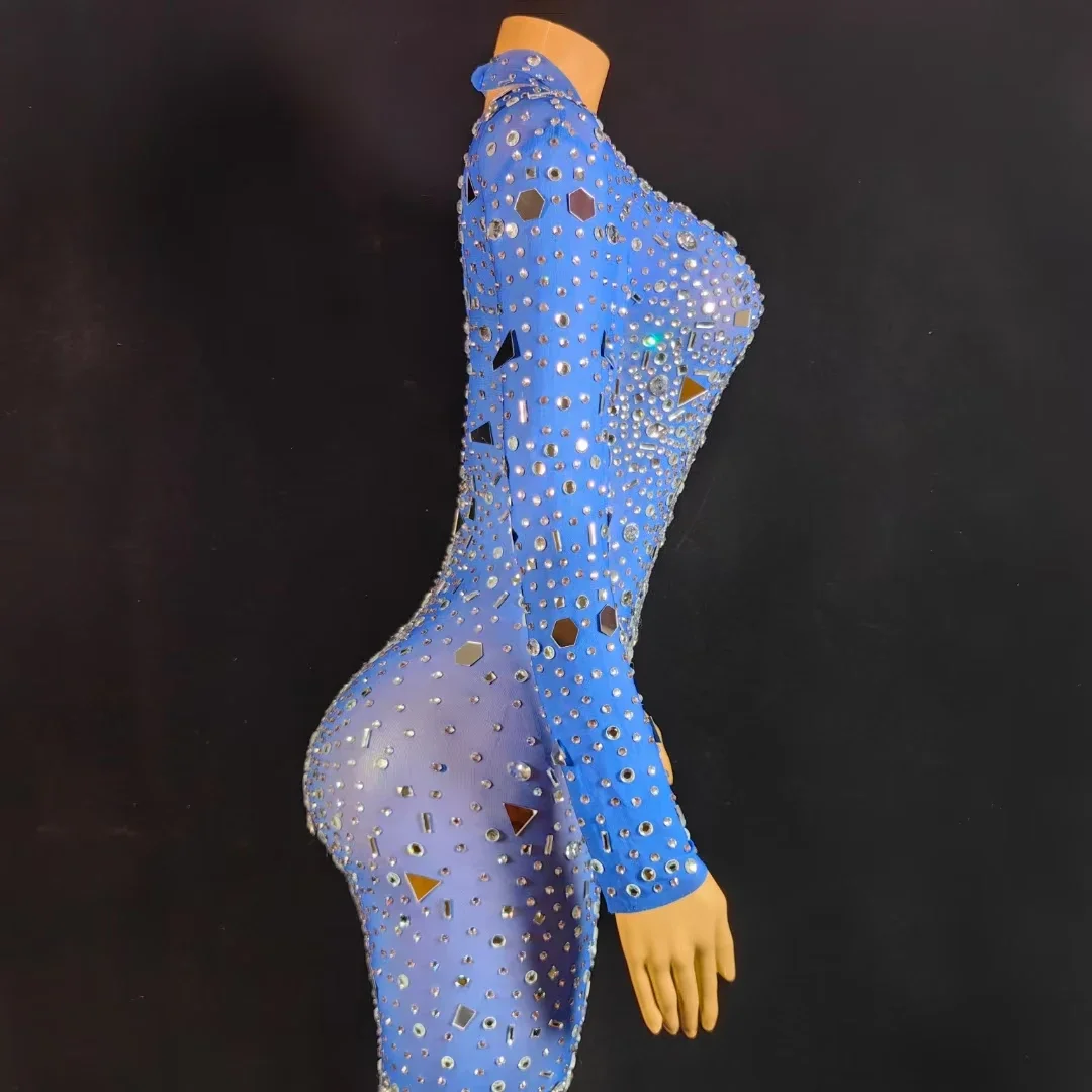 Длинное платье с синими бриллиантами, роскошное праздничное платье со стразами, сценический костюм, женское модное облегающее платье